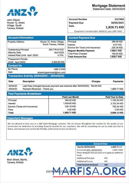 Printable Kiribati ANZ Bank mortgage statement Word and PDF template